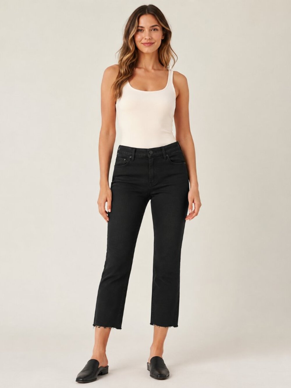 KUT From The Kloth Amy Crop Straight Jeans Size 8 Black Raw Hem Stretch